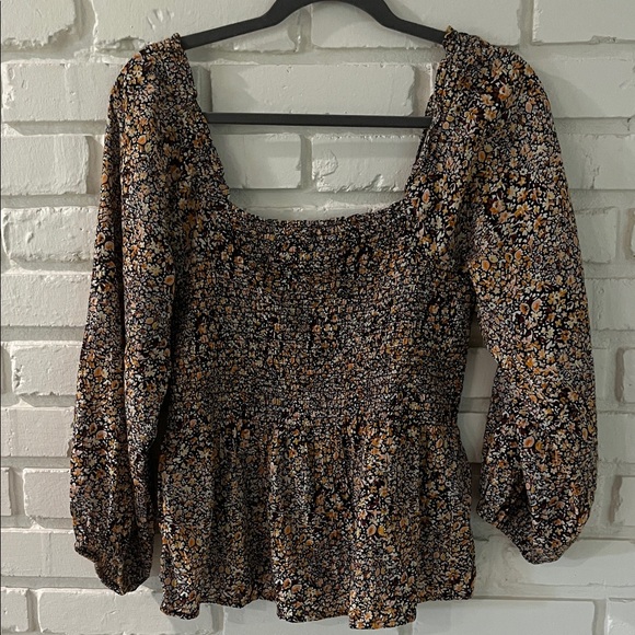 Madewell Tops - Madewell Black and Mustard Smocked Floral Peplum Top